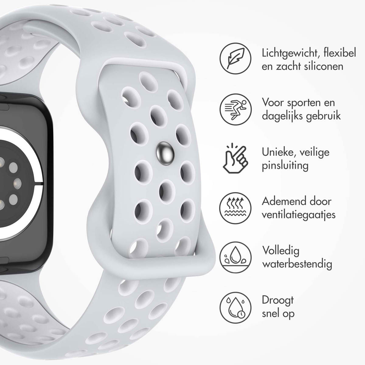 Light grey sports band with features icons. It's lightweight, flexible, and waterproof. Dries quickly.