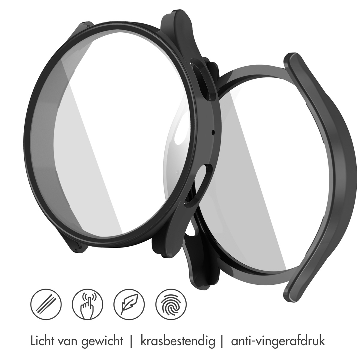 Twee zwarte smartwatch hoesjes. De hoesjes zijn transparant en hebben iconen: krasbestendig, anti-vingerafdruk.