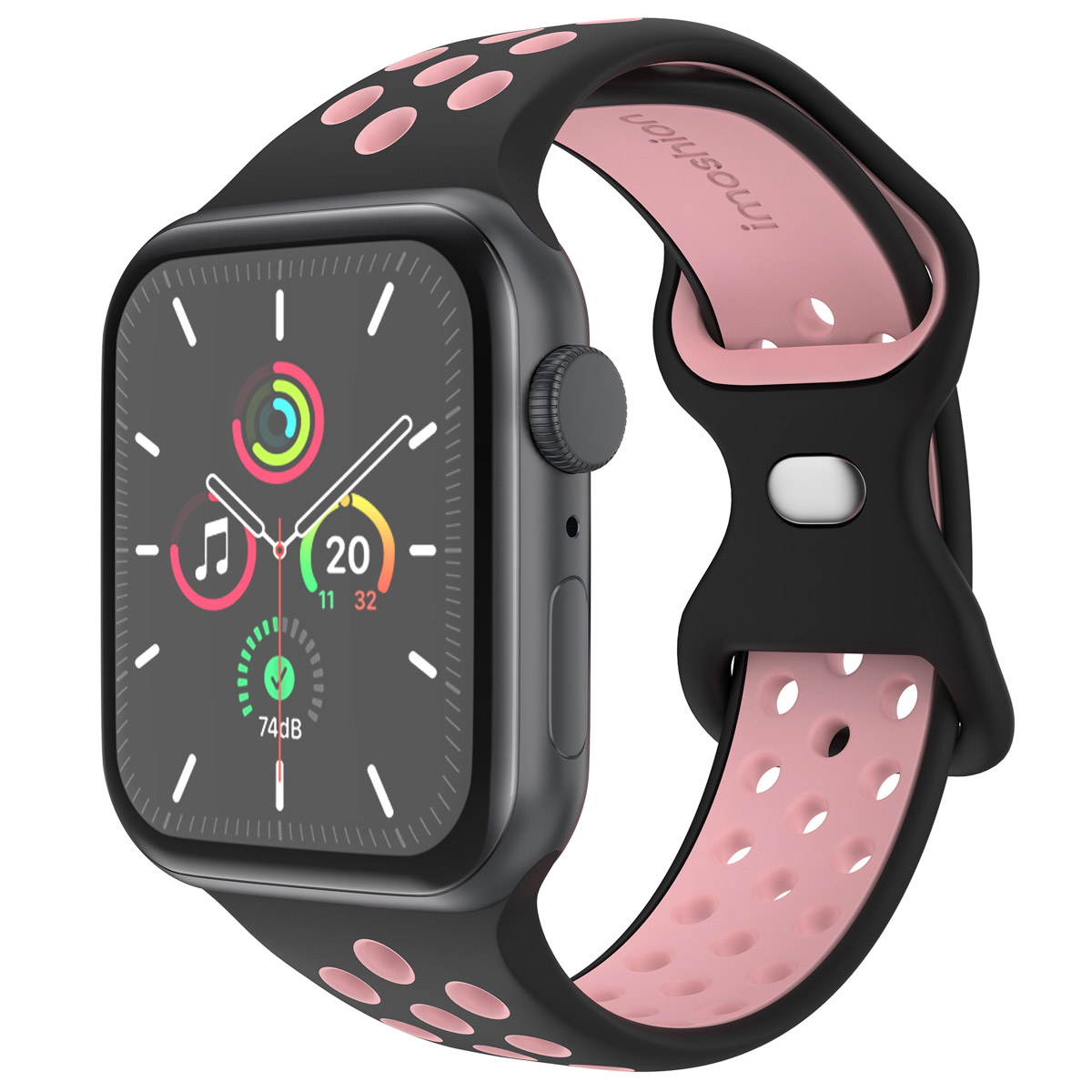 Black and pink watch band. The watch face is black with white lines. The band has holes.
