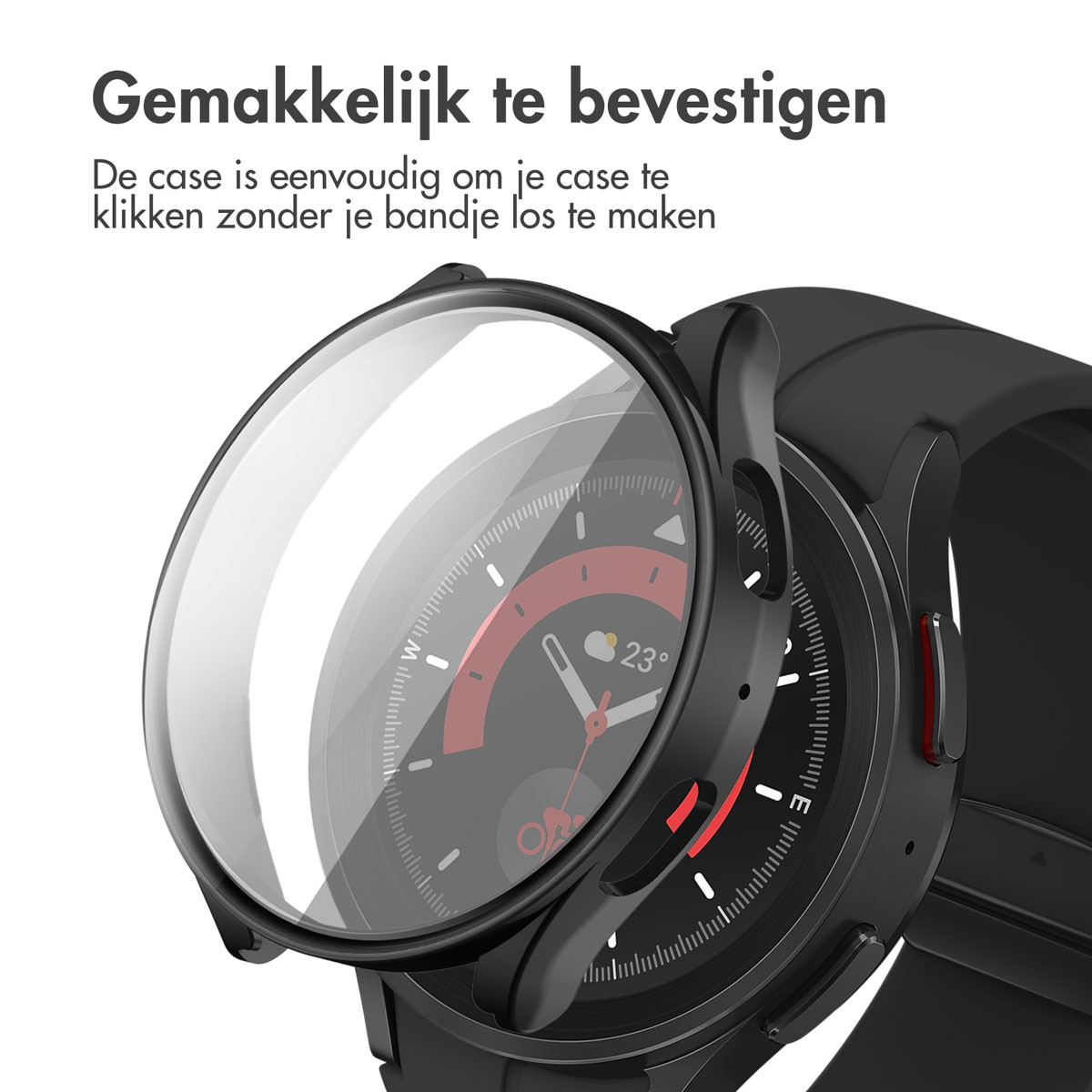 Zwarte smartwatch met beschermhoes. Witte achtergrond. Tekst: gemakkelijk te bevestigen.