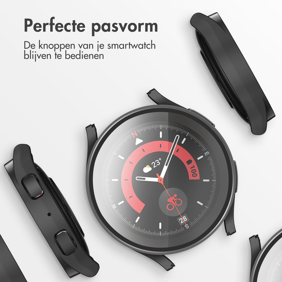 Een zwarte smartwatch case naast een smartwatch met kompas en weer.