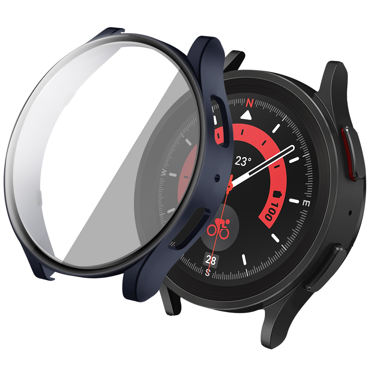 Een zwart horloge met een blauwe beschermhoes. De hoes is open en toont de wijzerplaat.