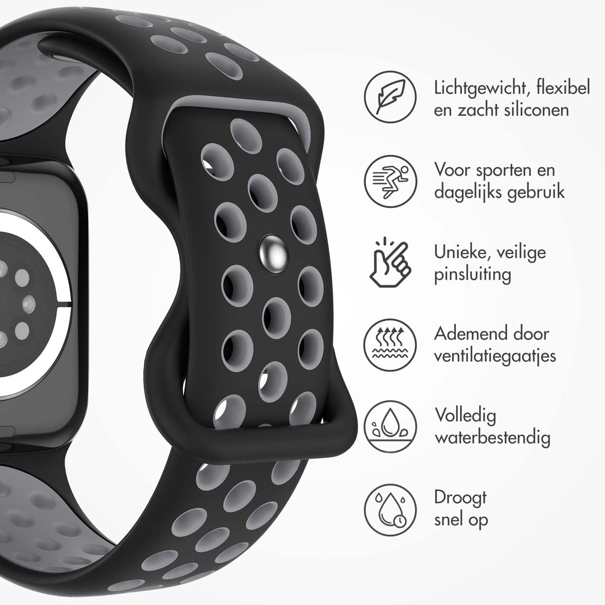 Black and light grey sports band with features icons. It's lightweight, flexible, and waterproof. Dries fast.