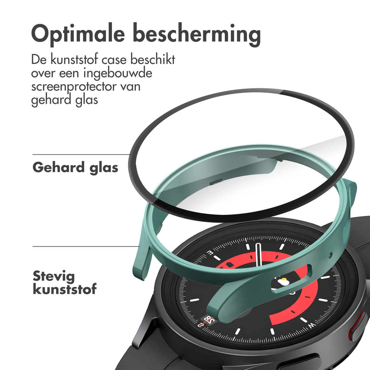 Groene smartwatch-hoes met een schermbeschermer, met de wijzerplaat met rode en zwarte details.