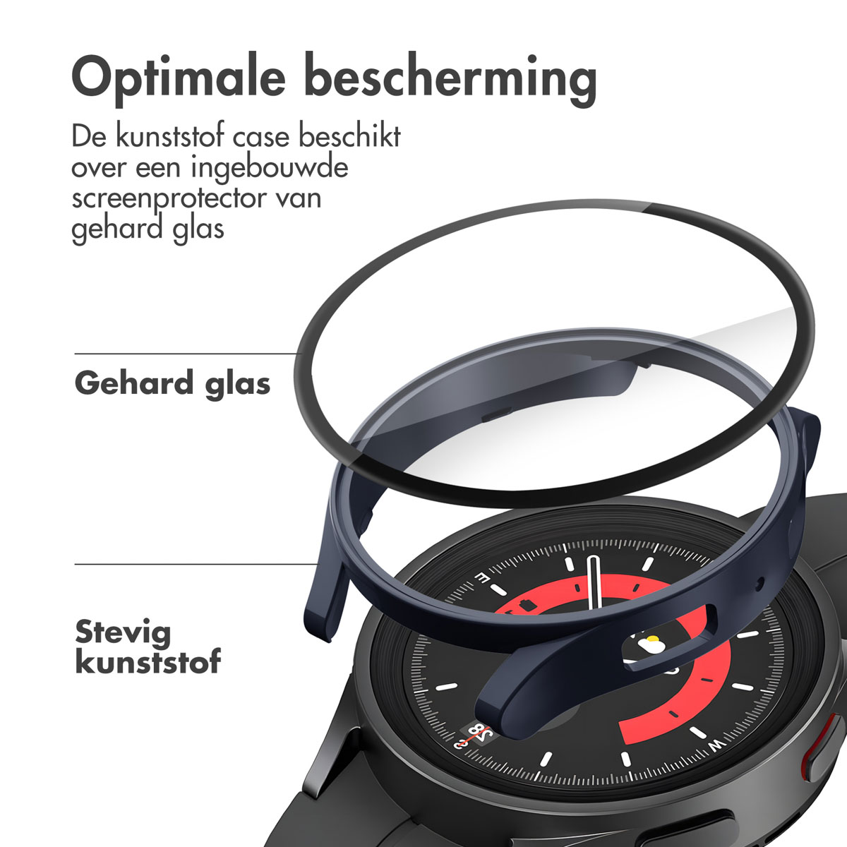 Horlogekast met een schermbeschermer. De wijzerplaat is zwart met witte markeringen en rode accenten.