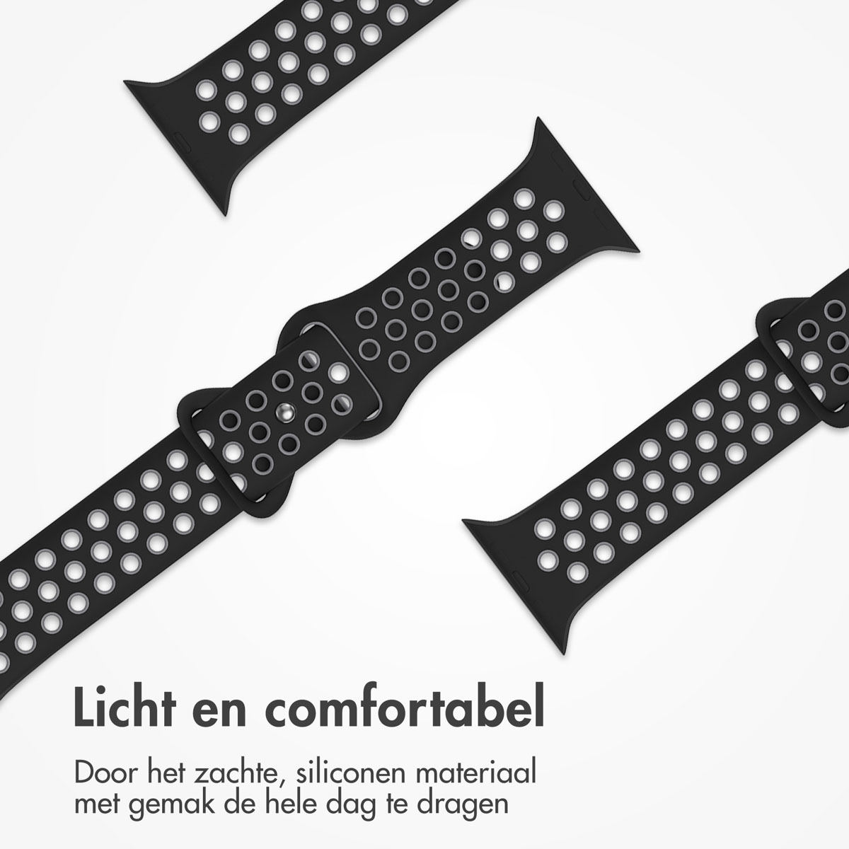 Black watch straps with circular perforations are arranged on a white surface. Text at the bottom reads 'Light and comfortable'.