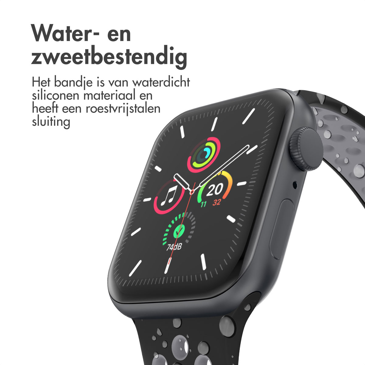 A black smartwatch with a dark display. The watch shows the time, and activity rings. The strap is black with gray dots.
