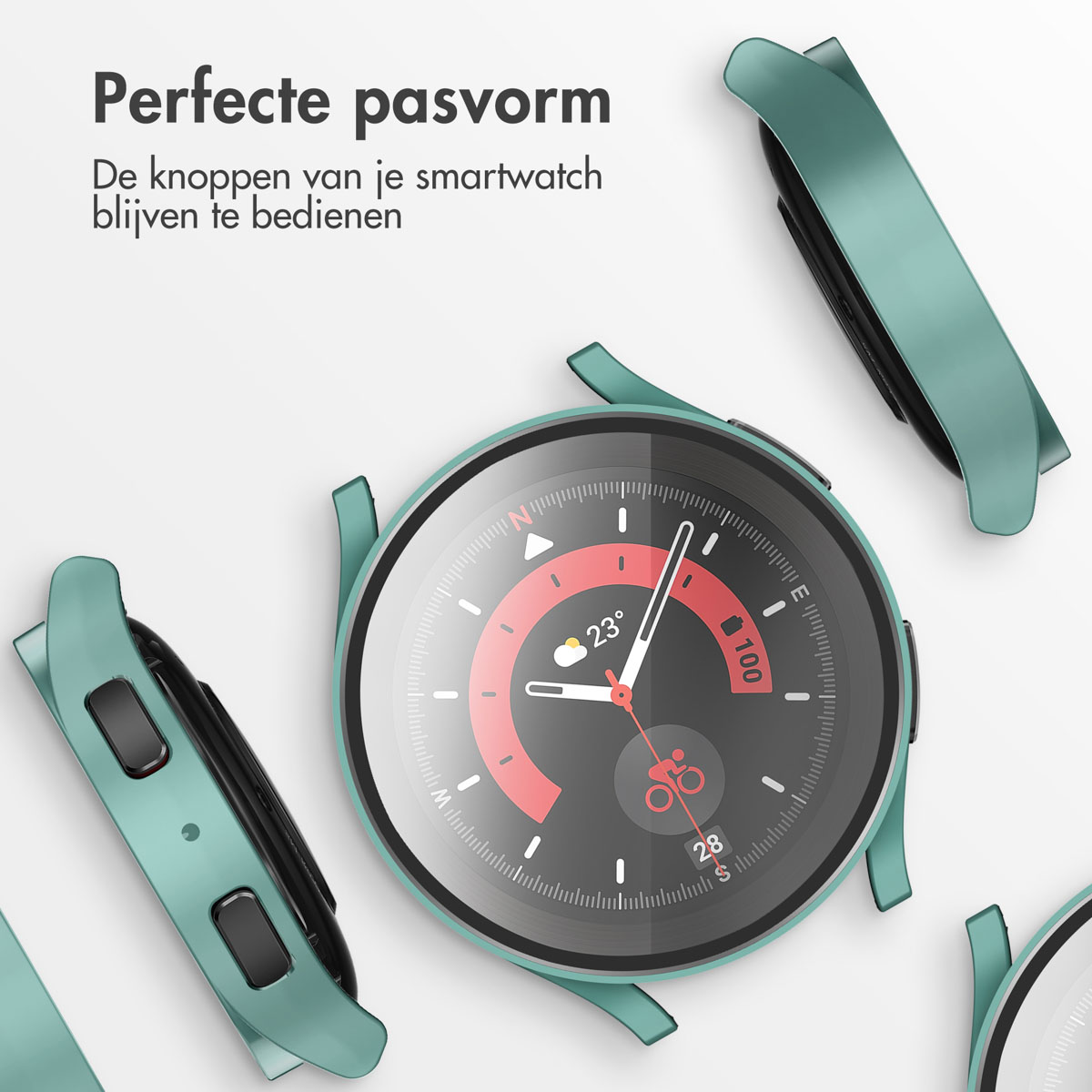 Een groene smartwatch met wijzerplaat en beschermhoezen op witte achtergrond.