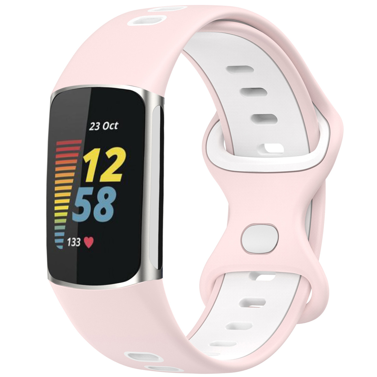 A pink fitness tracker with a silver frame, displaying the time and date on its screen.