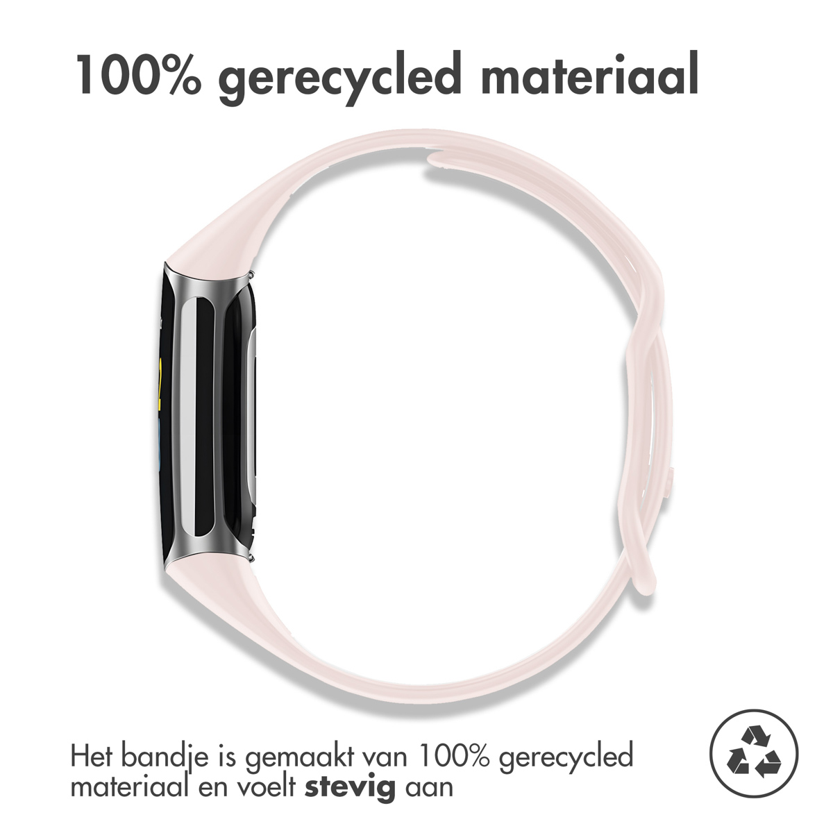A light pink band made of 100% recycled material with a fitness tracker.