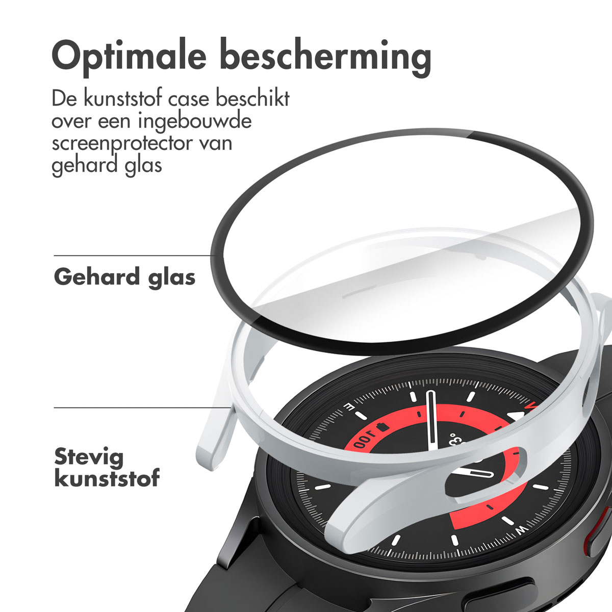 Smartwatch-componenten: schermbeschermer en hoes. Tekst: Optimale bescherming.