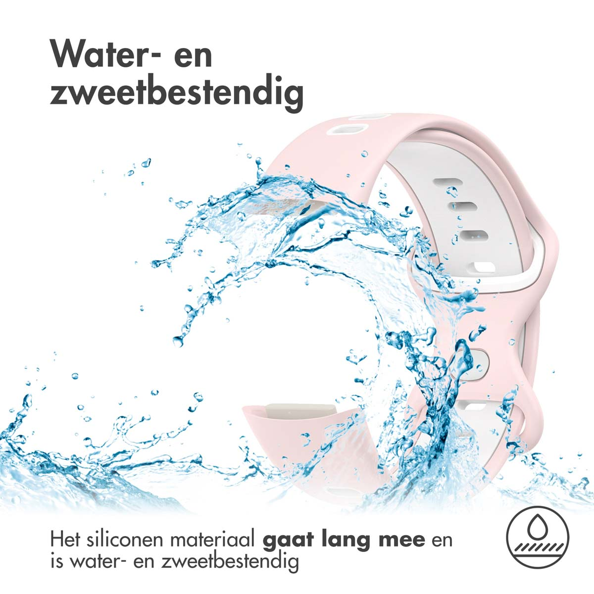 A pink watch band is splashed with water, demonstrating water resistance.