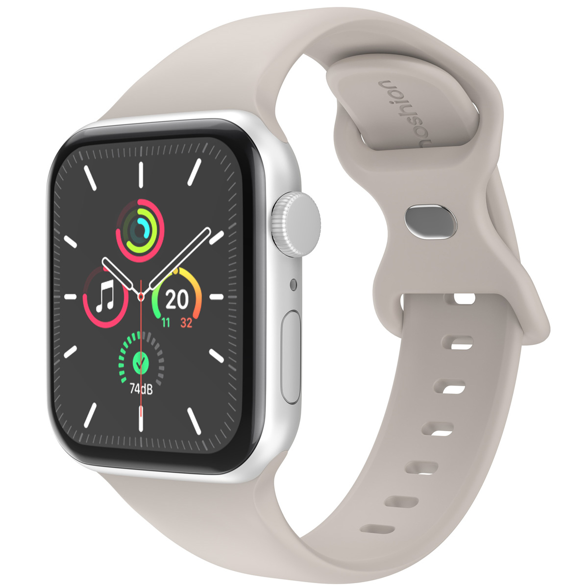 Beige Apple Watch with a matching beige strap, displaying the watch face with icons and numbers.