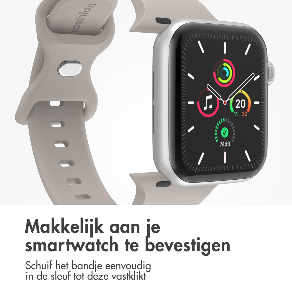 A silver watch with a light brown watch band. The watch shows the time and data.