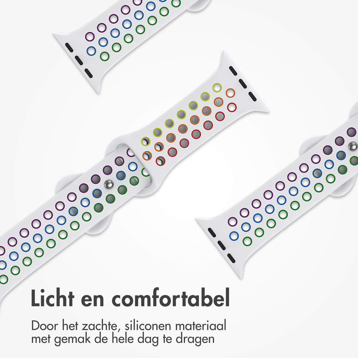 White watch straps with colorful circular perforations. Text at the bottom says 'Light and comfortable'.