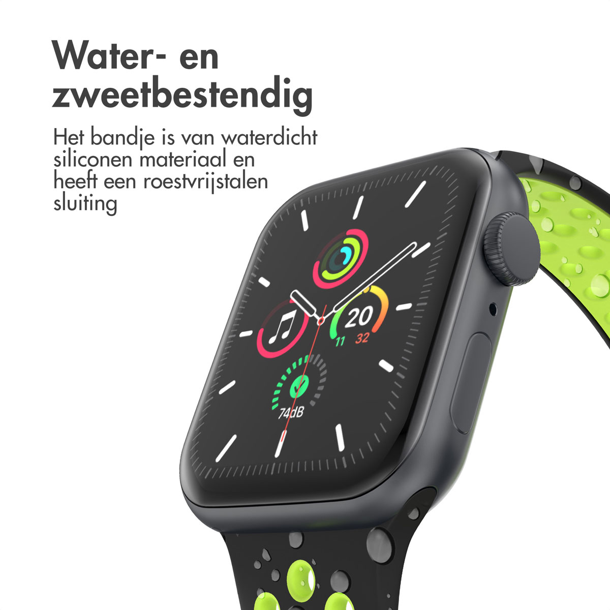 A black smartwatch with a green and black strap. The watch displays time and health metrics, with text in Dutch about water resistance.