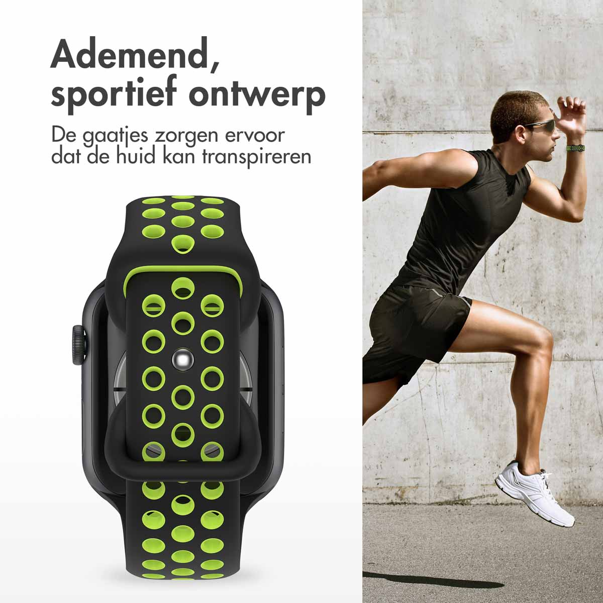 A man running, wearing a black watch band with green accents. The band is on a smartwatch. Text describes the design as breathable and sporty.