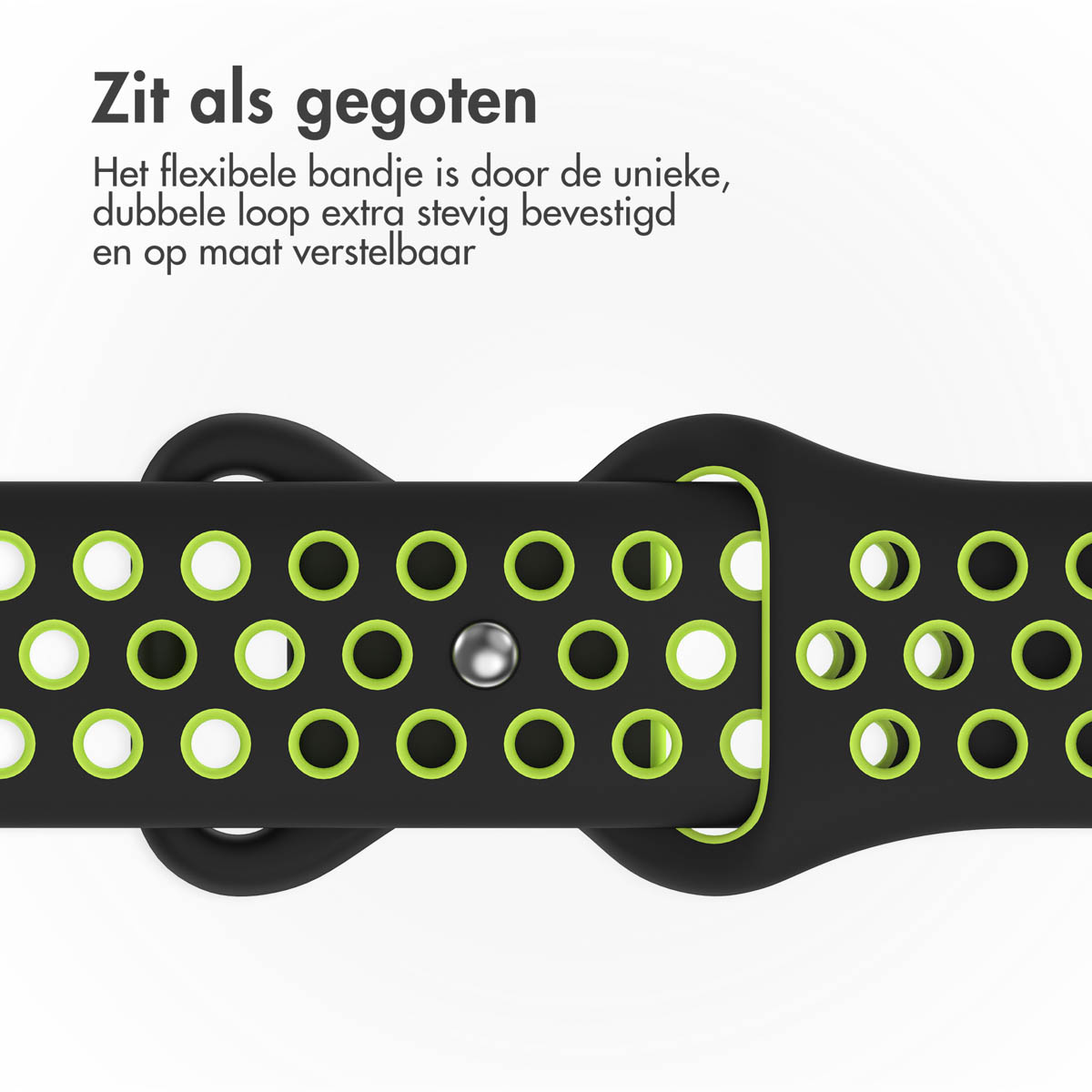 Black watch strap with green accents and holes. A silver pin is in the center. Text in Dutch at the top. White background.