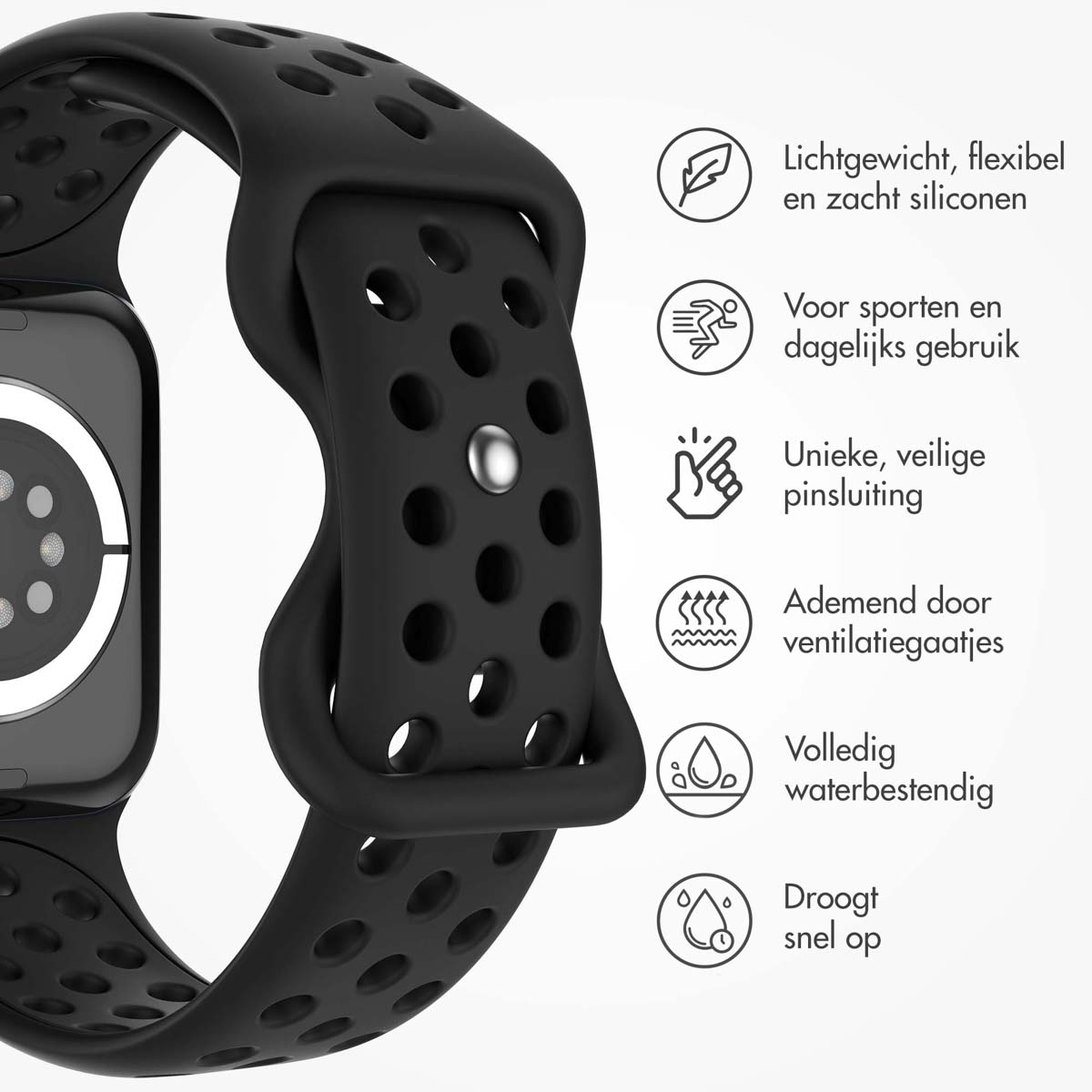 Black watch band with holes. Icons indicate lightweight, flexible silicone, sports use, and water resistance.
