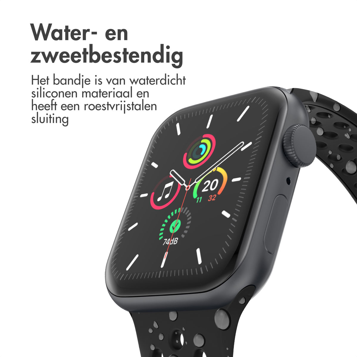 A black smartwatch displays time and health metrics. The watch has a black strap with holes and is water-resistant.