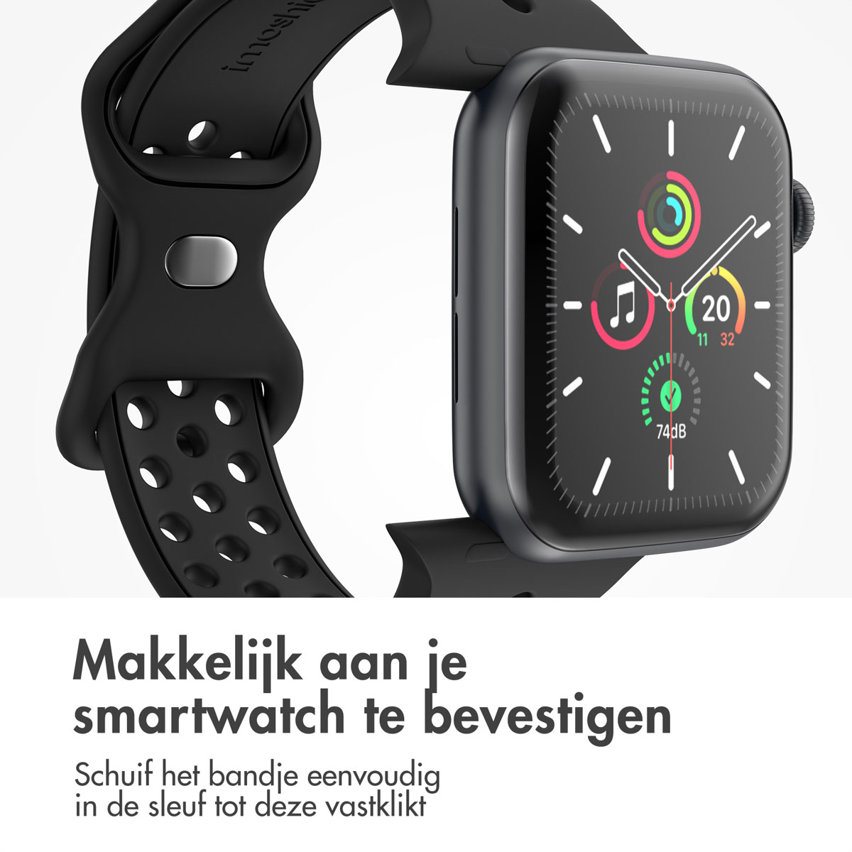 A black smartwatch with a perforated strap is shown. The screen displays activity rings.