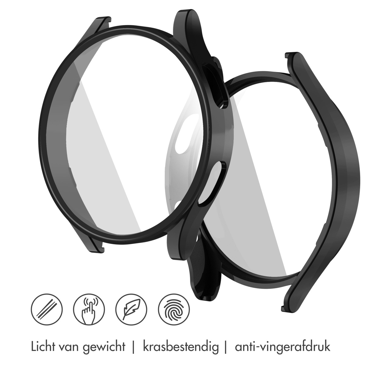 Zwarte horlogekast en doorzichtige hoes. De kast heeft een gebogen vorm en biedt bescherming voor het horloge.