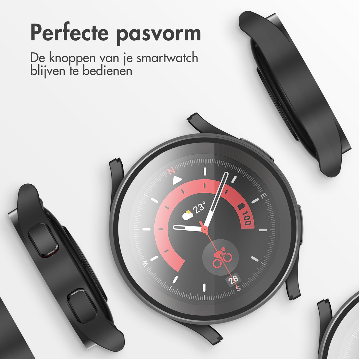 Een smartwatch met drie zwarte hoesjes eromheen. De tekst beschrijft perfecte pasvorm en knopgebruik.