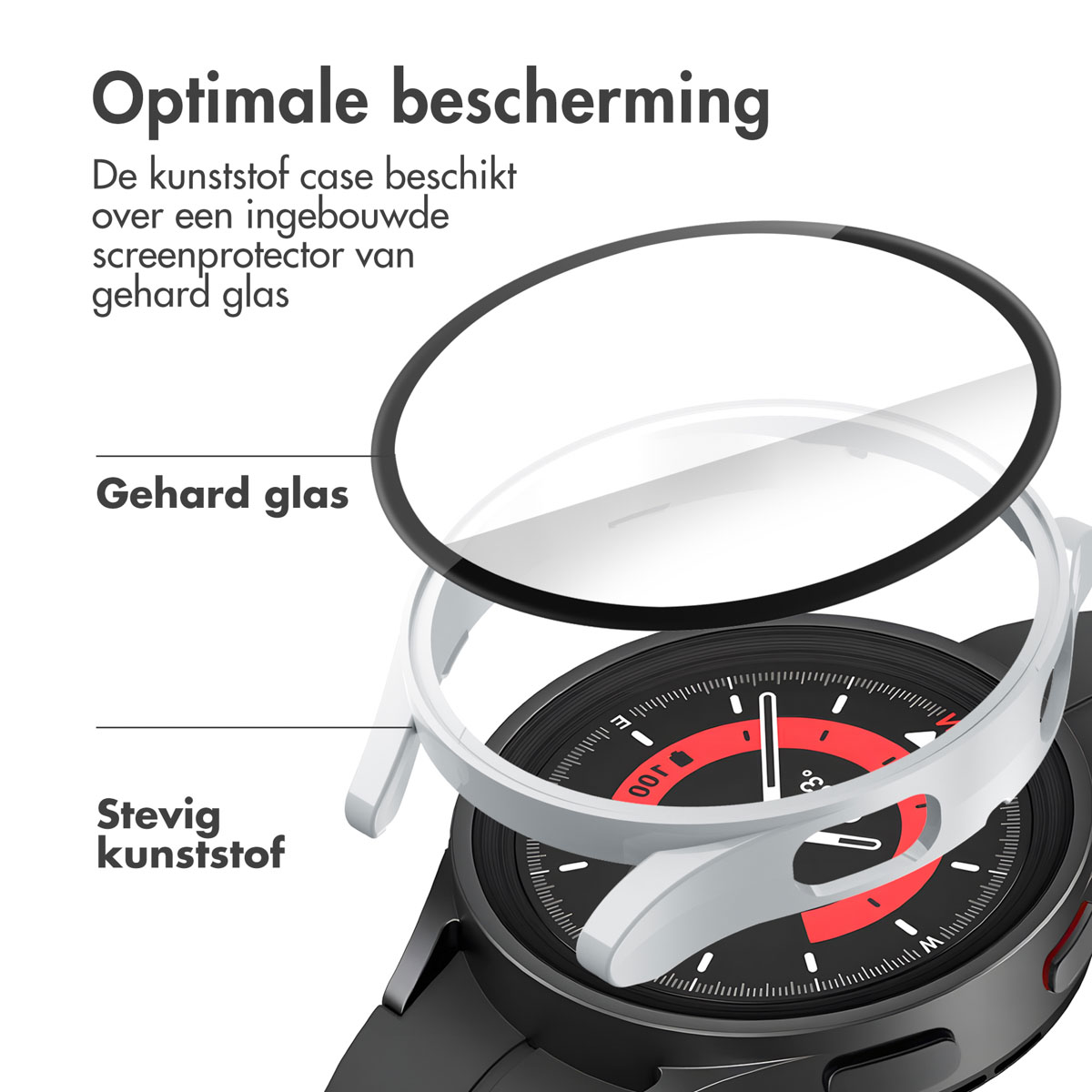 Smartwatch met een heldere schermbeschermer en zwarte behuizing. De beschermer zit over de wijzerplaat.
