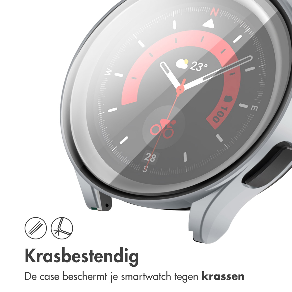Zilveren smartwatch met schermbeschermer. Witte achtergrond. Tekst: krasbestendig.