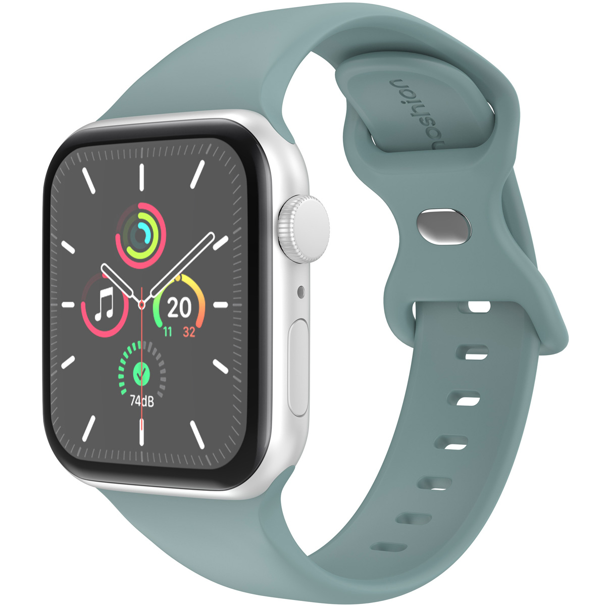 Silver watch with a light blue band. The watch face is black with white and colored details.