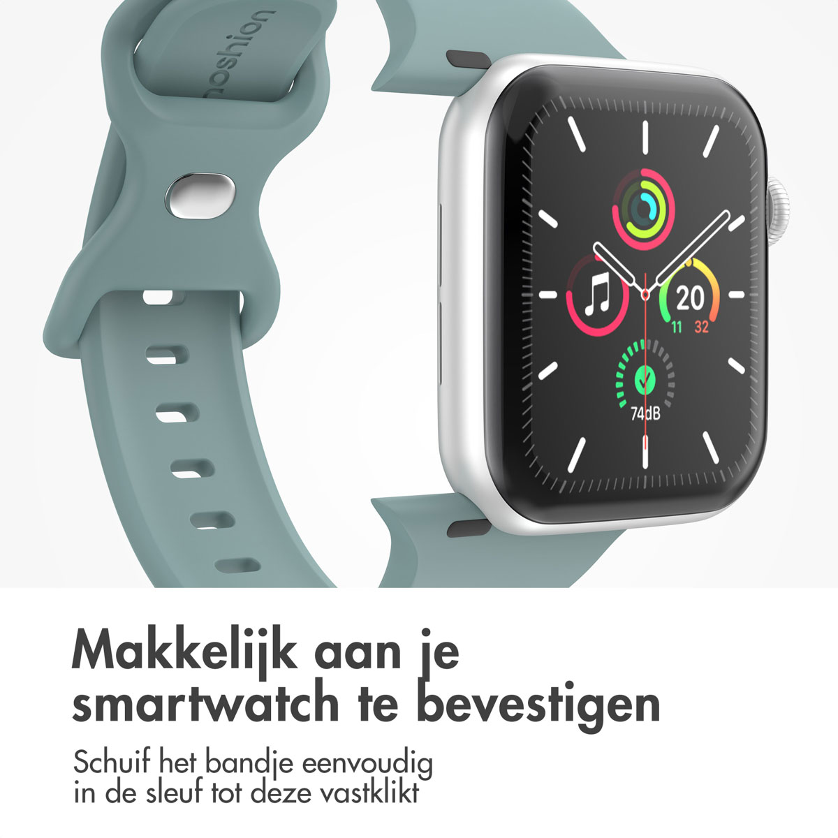 A smartwatch with a teal band and the time displayed. The band is wrapped around the watch.