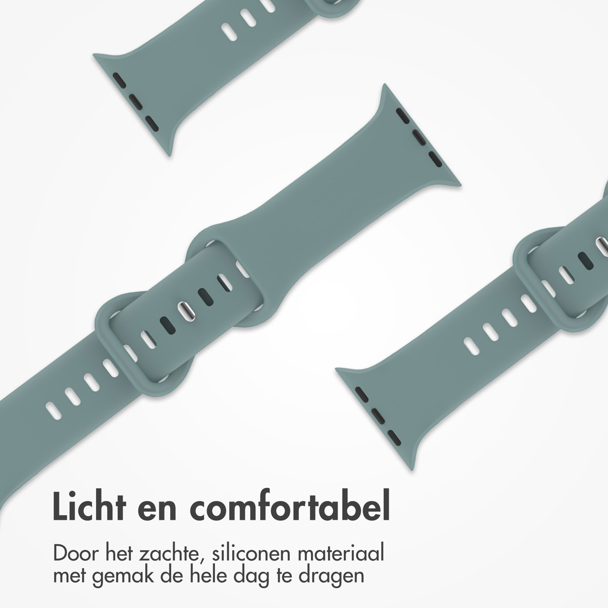 Three teal colored watch bands with holes for the band pin. They lay on a white surface.