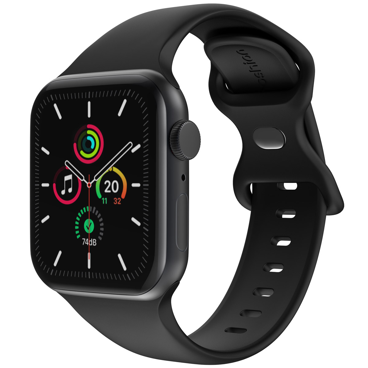 Black smartwatch with black band. The watch face displays time, app icons, and battery level.