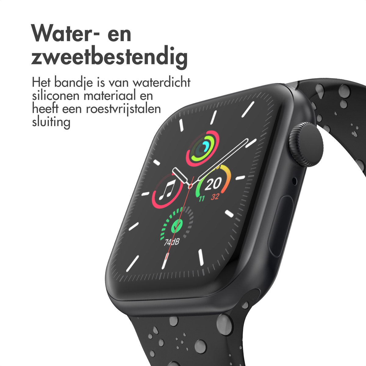 A black smartwatch with a black band. The watch shows the time and activity levels.