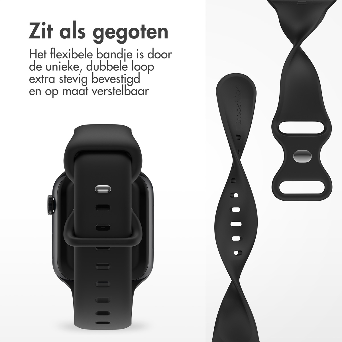 A black smartwatch band and watch. The band is attached to the watch.