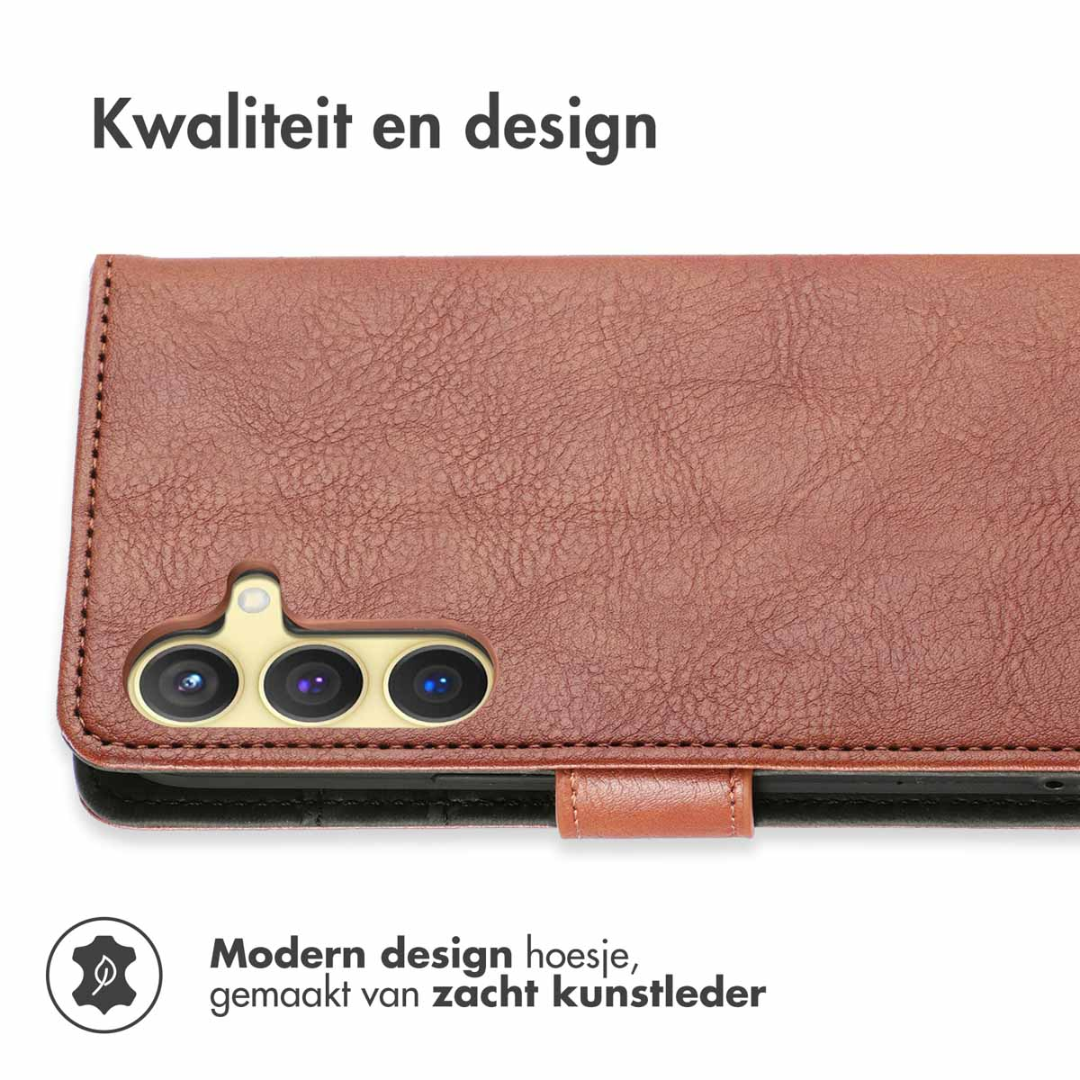 Close-up van een bruine leren telefoonhoes. De hoes heeft een textuur en een magnetische sluiting.