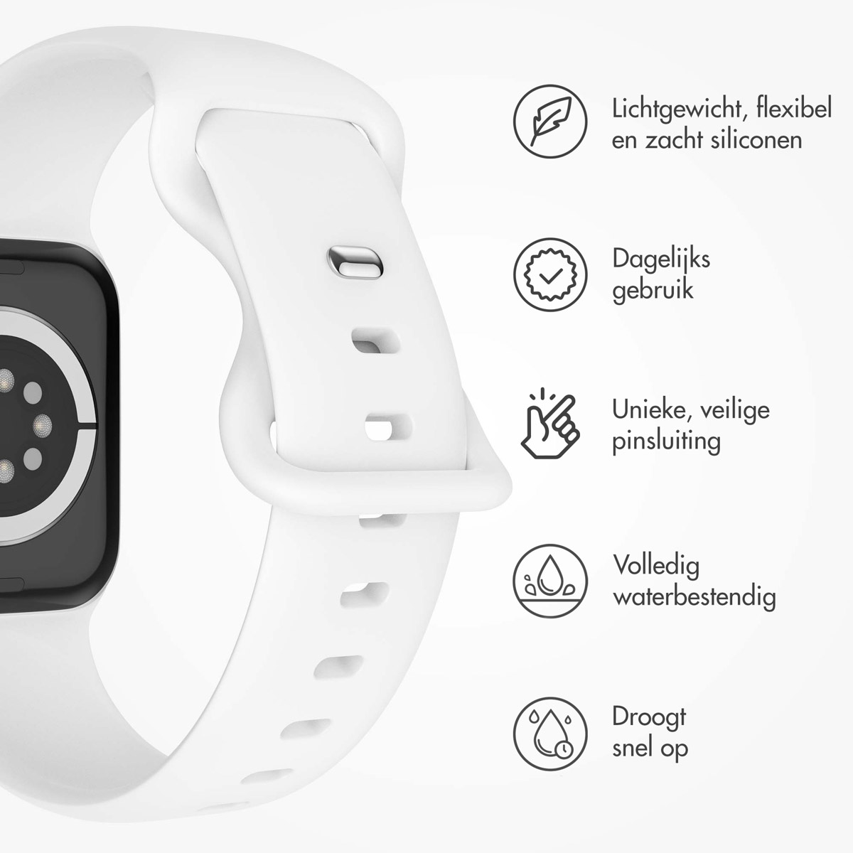 A white Apple Watch band with icons. Text: Lightweight, flexible, soft silicone.