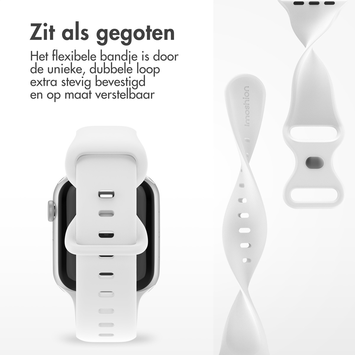 A white smartwatch band and watch. The band is attached to the watch.