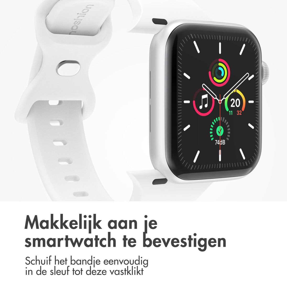 A white smartwatch with a white band and the time displayed on the screen.