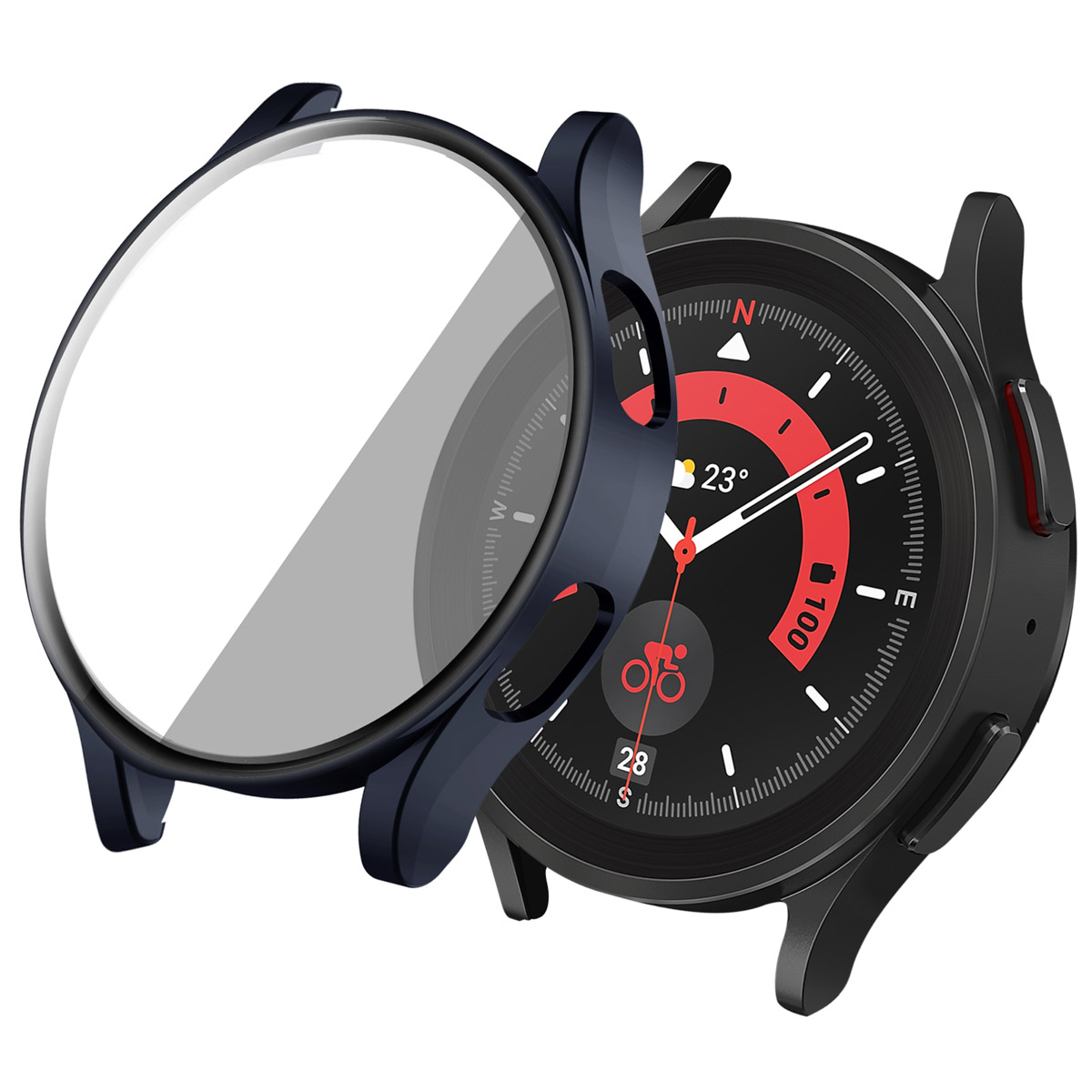 Een zwarte smartwatch met een donkerblauwe behuizing. Tekst erboven: Gemakkelijk te bevestigen.