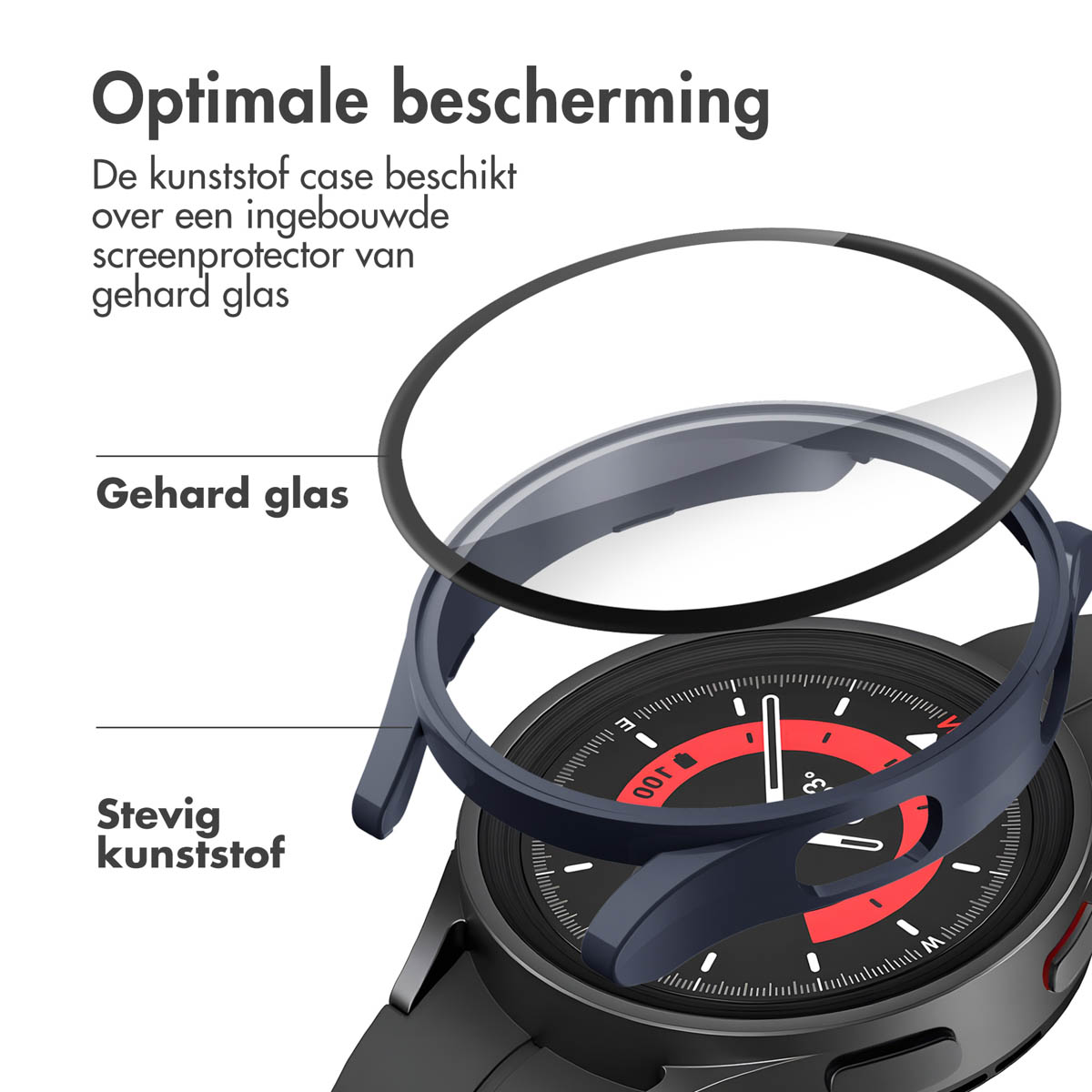 Smartwatch en een beschermhoesje. De hoes is blauw en heeft een schermbeschermer en een rand.