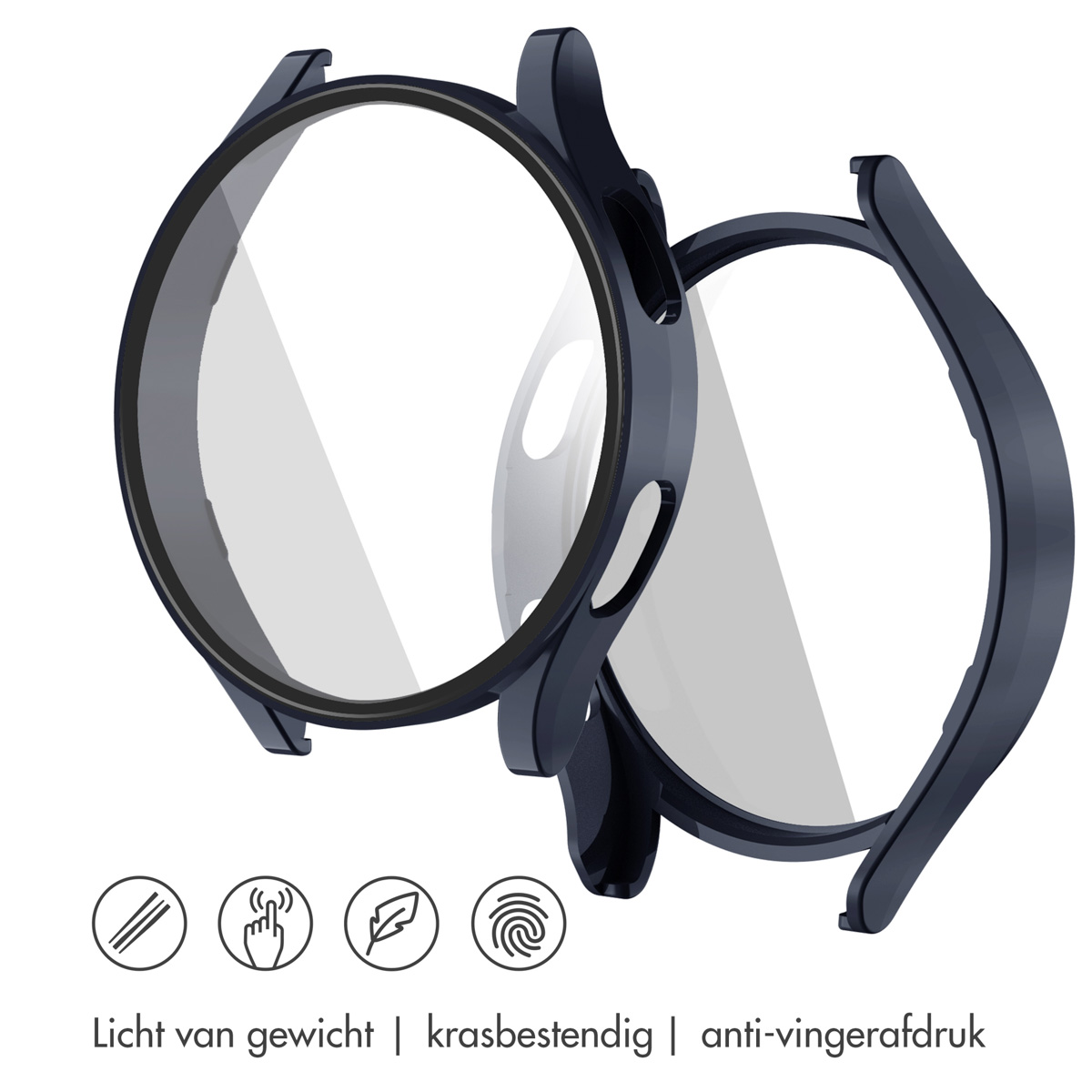 Twee zwarte schermbeschermers. De tekst beschrijft lichtgewicht, krasbestendigheid en anti-vingerafdruk.