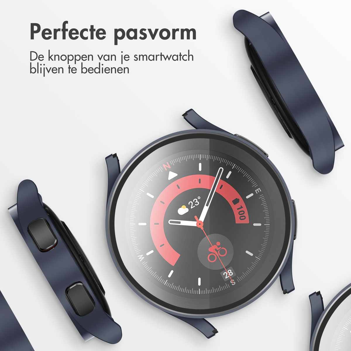 Smartwatch-case-onderdelen. Het horloge is zwart met een rode wijzerplaat en een blauwe behuizing.