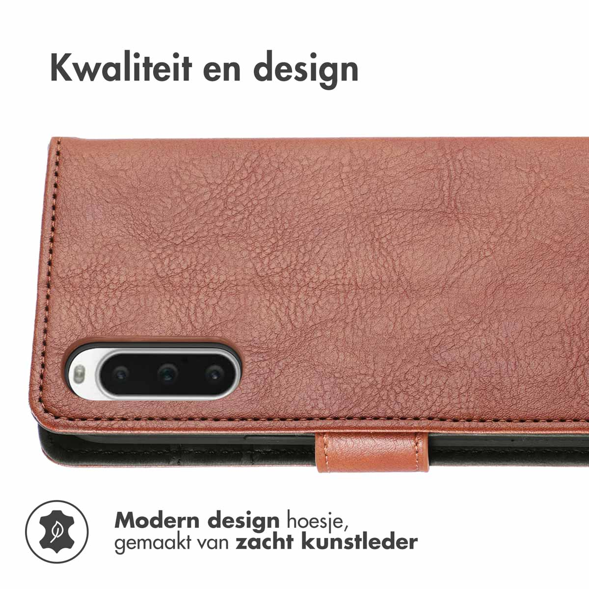 Étui de téléphone en cuir marron avec découpe caméra et fermeture magnétique.
