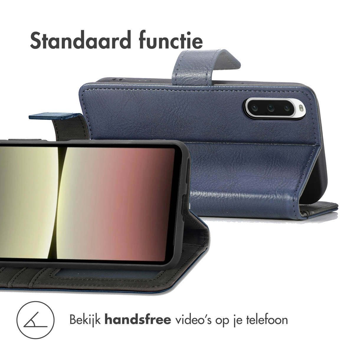 Un étui de téléphone bleu ouvert avec un smartphone à l'intérieur.