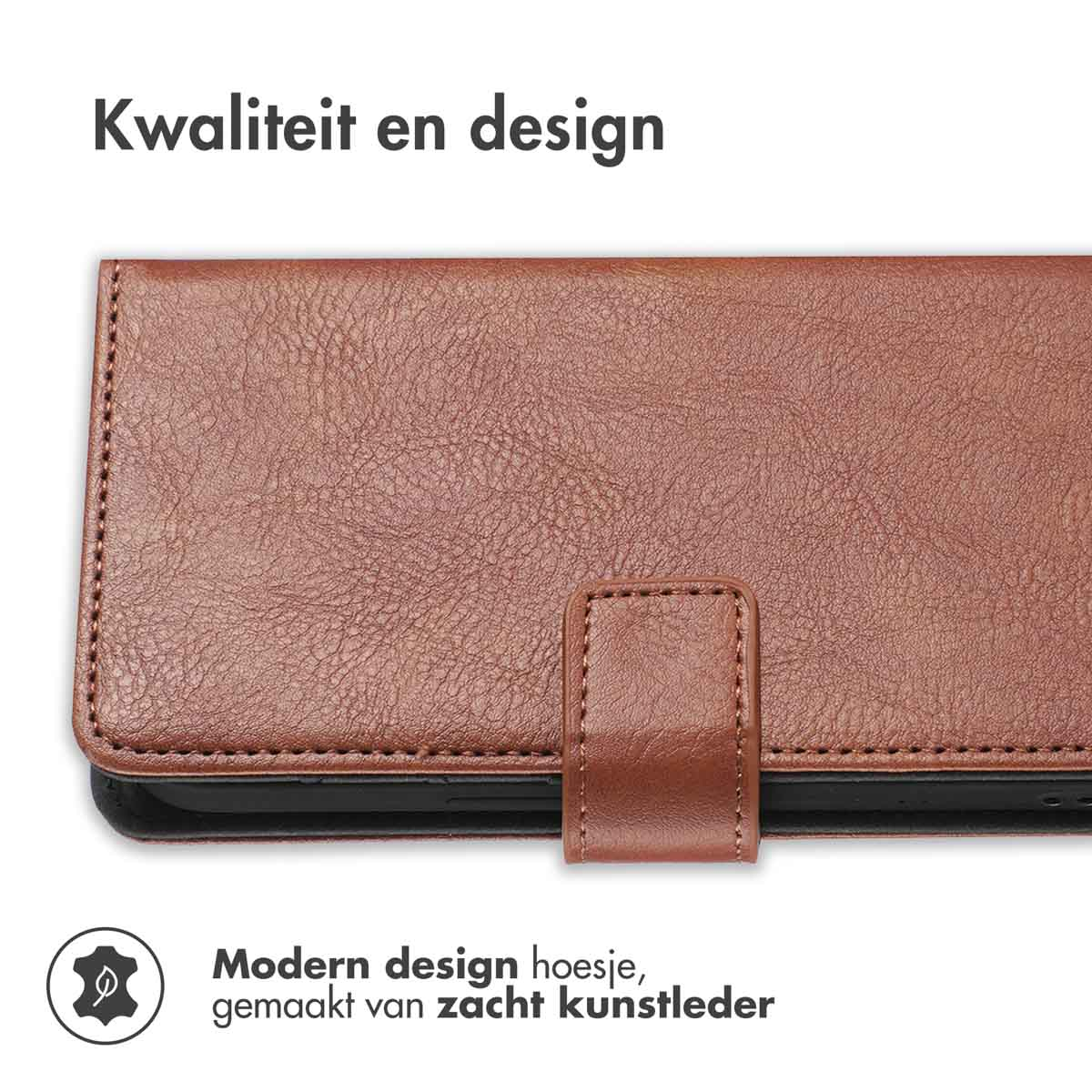 Étui de téléphone en similicuir marron avec coutures et fermeture à sangle.
