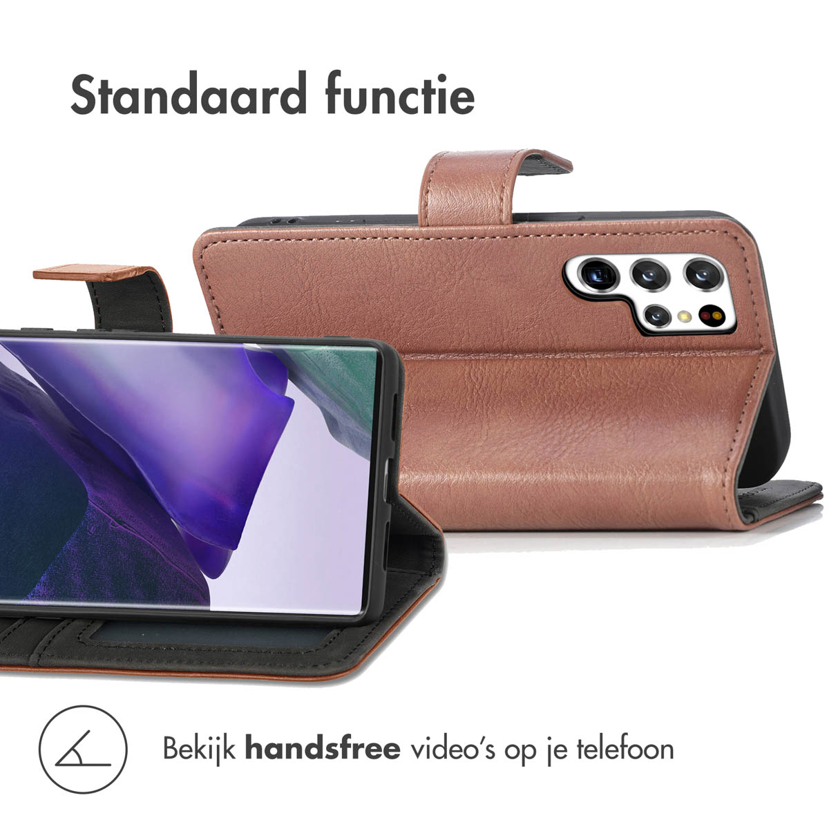 Un étui portefeuille marron montrant un smartphone jouant des vidéos en mains libres.