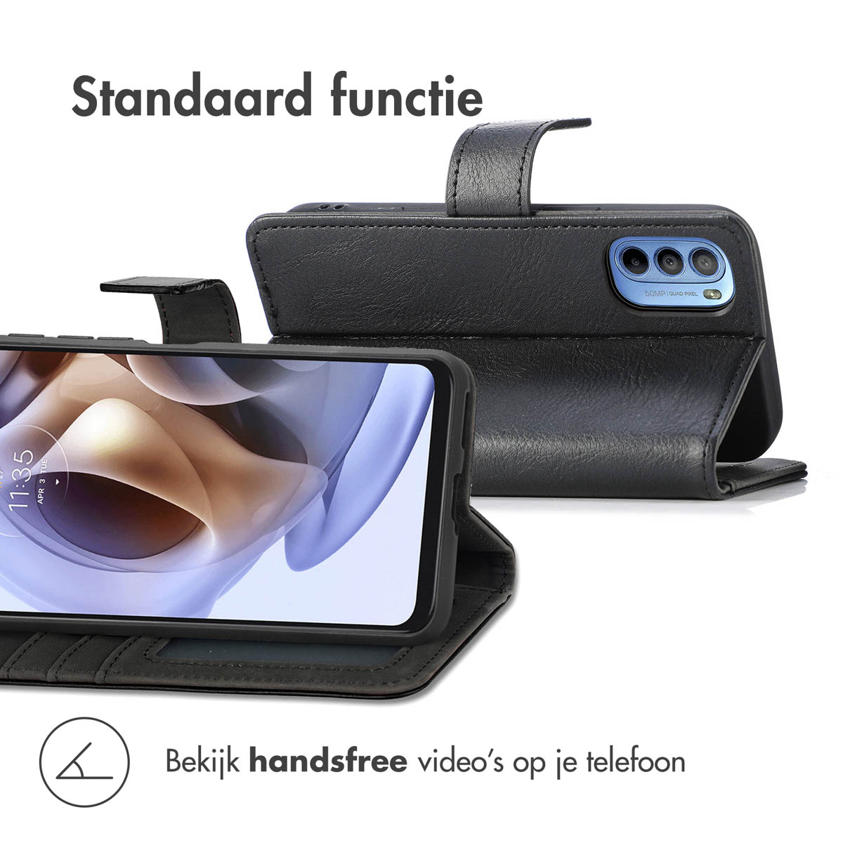 Zwarte lederen telefoonhoes open, toont telefoonscherm. De hoes heeft een standaardfunctie.