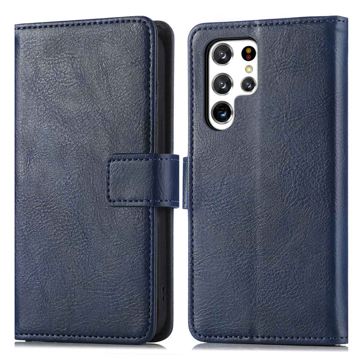Étui de téléphone en cuir bleu avec fermeture magnétique et un téléphone à l'intérieur.