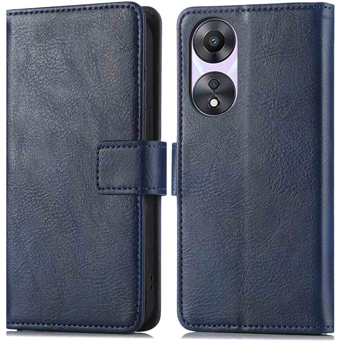 Étui de téléphone bleu foncé, ouvert, avec un téléphone à l'intérieur. Le téléphone a deux caméras. C'est un étui de type portefeuille.